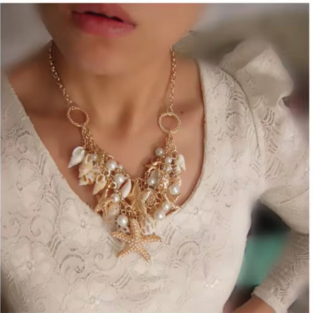 Zara Coastal Mix Pearl Shells Seashell Genuine Shell Double Long Ariel Necklace